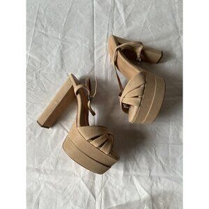 Schutz Keefa High Platform Heels Beige Suede Leather